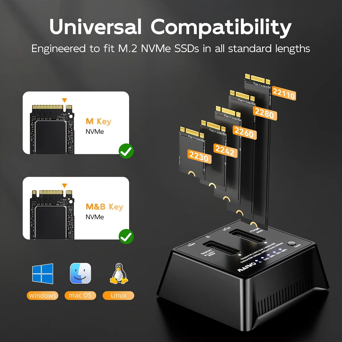 MAIWO SSD 케이스 듀얼 베이 M.2 NVMe 인클로저 10Gbps USB3.2 Gen2 SSD 어댑터 (오프라인 복제 기능 포함) 맥북, 아이패드, PC용 8TB 용량