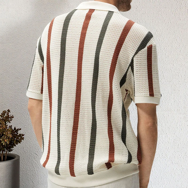 New American Chic Hollow Out Male Polo Shirts Trendy Striped