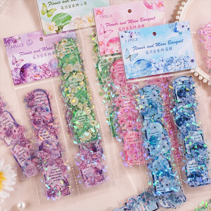 

5 листов наклеек для домашних животных, обернутый цветок, луна, Бабочка, Блестящий Фон, пленка, материал для рукоделия, декоративные принадлежности, скрапбукинг 165 мм