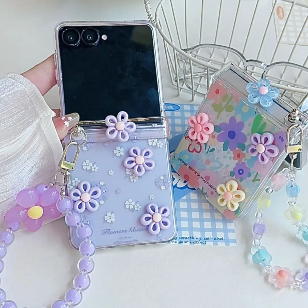 2-in-1 Lovely 3D Rotating Flower Phone Case with Wrist Chain - Shockproof Hinge Protection Cover