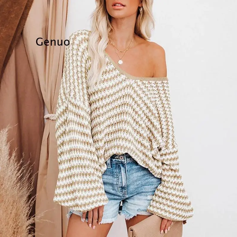 

New Wave Striped Sexy Puff Sleeve Loose Knitted Sweater Pullover for Women
