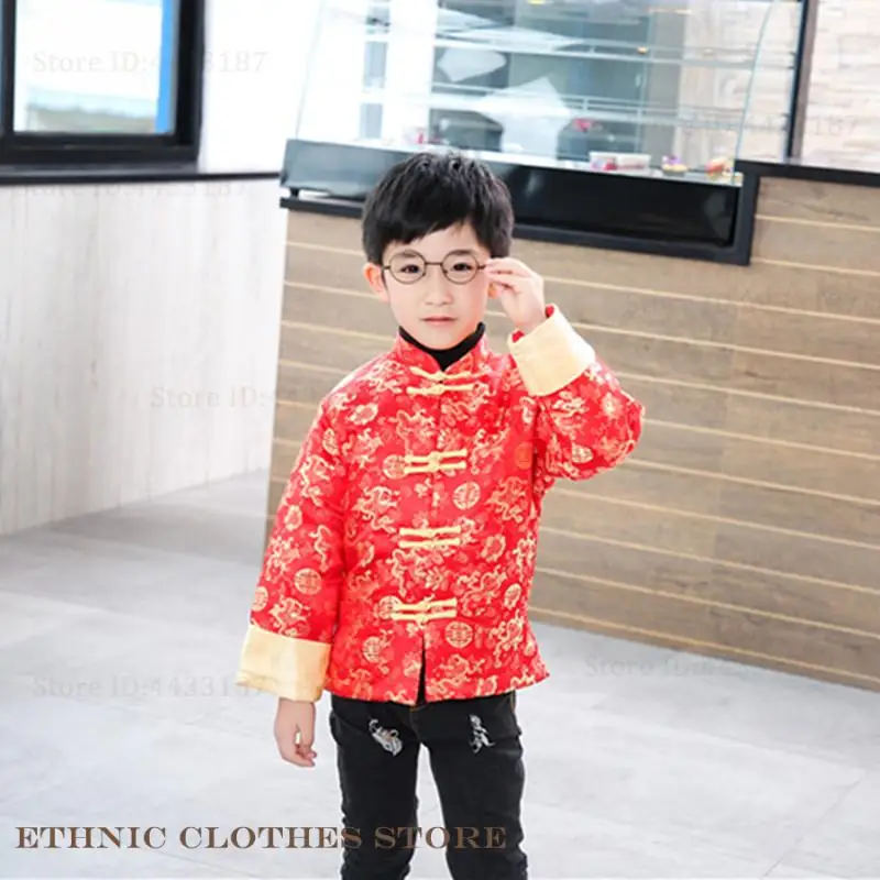Chinese New Year for Kids Clothes Red Satin Cotton-Padded Traditional Tang Suit Top Print Dragon Hanfu Blouse Oriental Clothing
