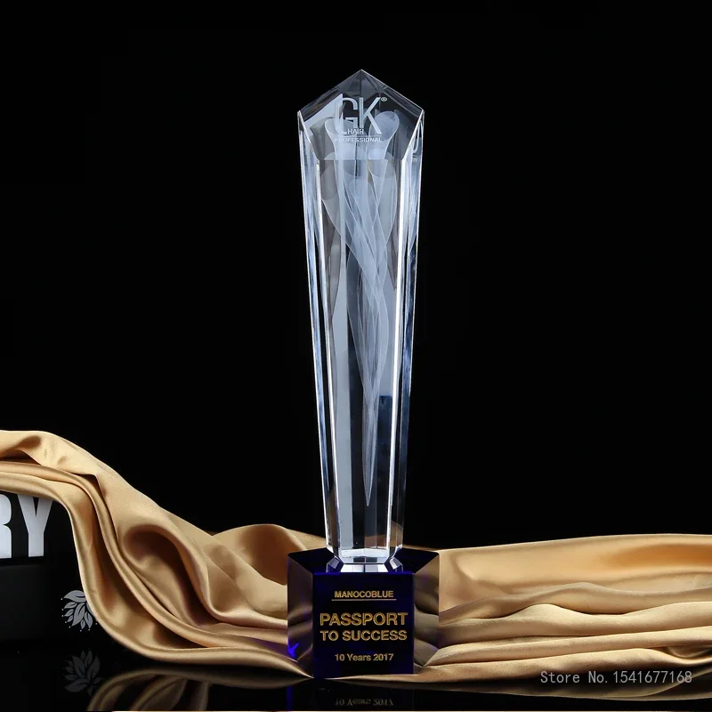 Customized Crystal Trophy with Engraving Flame, Creative Lettering, Excellent Staff, annual Meeting Award, Decor, Blue Base, 1Pc