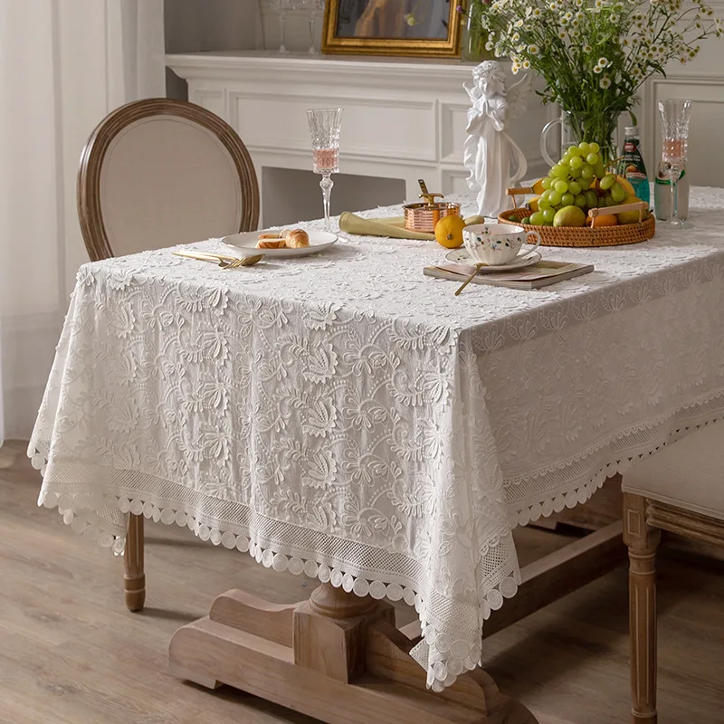 Luxury Embroider White Lace Tablecloth table cloth rectangular tablecloth For Wedding Party Living Room Bedroom Table Cloth American Table Decoration