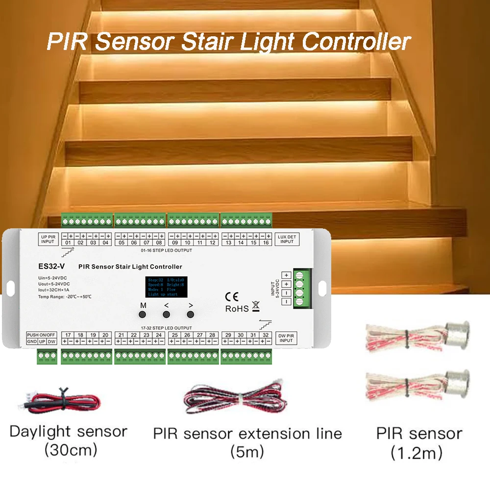 PIR Sensor Stair Light Controller 6 Run Modes Stair Running Light Lighting Under Stair Tread Control Indoor LED 32 CH DC 12V 24V dimmable g4 led bulb 5w 12v 24v 63led 4014smd ceramic pc cover crystal chandelier lighting rv marine under cabine 5pcs lot