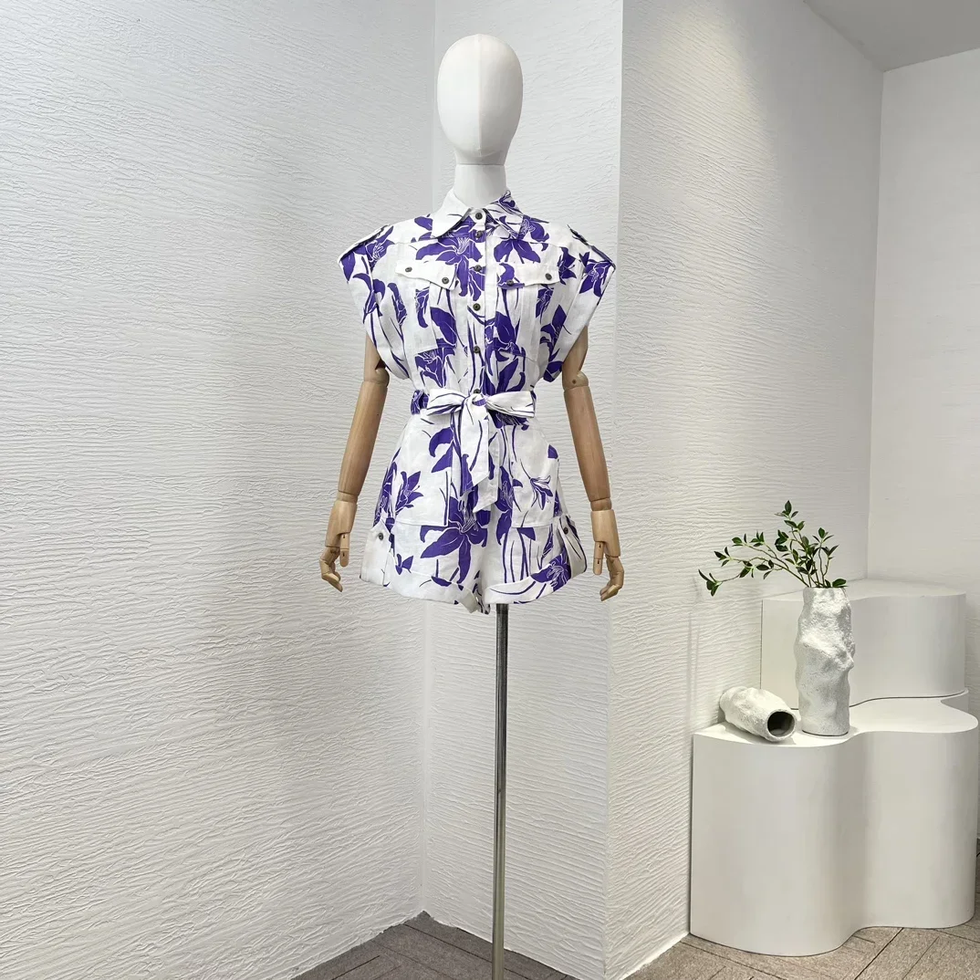 

New 2024 Violet Purple Floral Print Sleeveless High Quality Linen Women Bow Tie White Playsuits Women Clothing