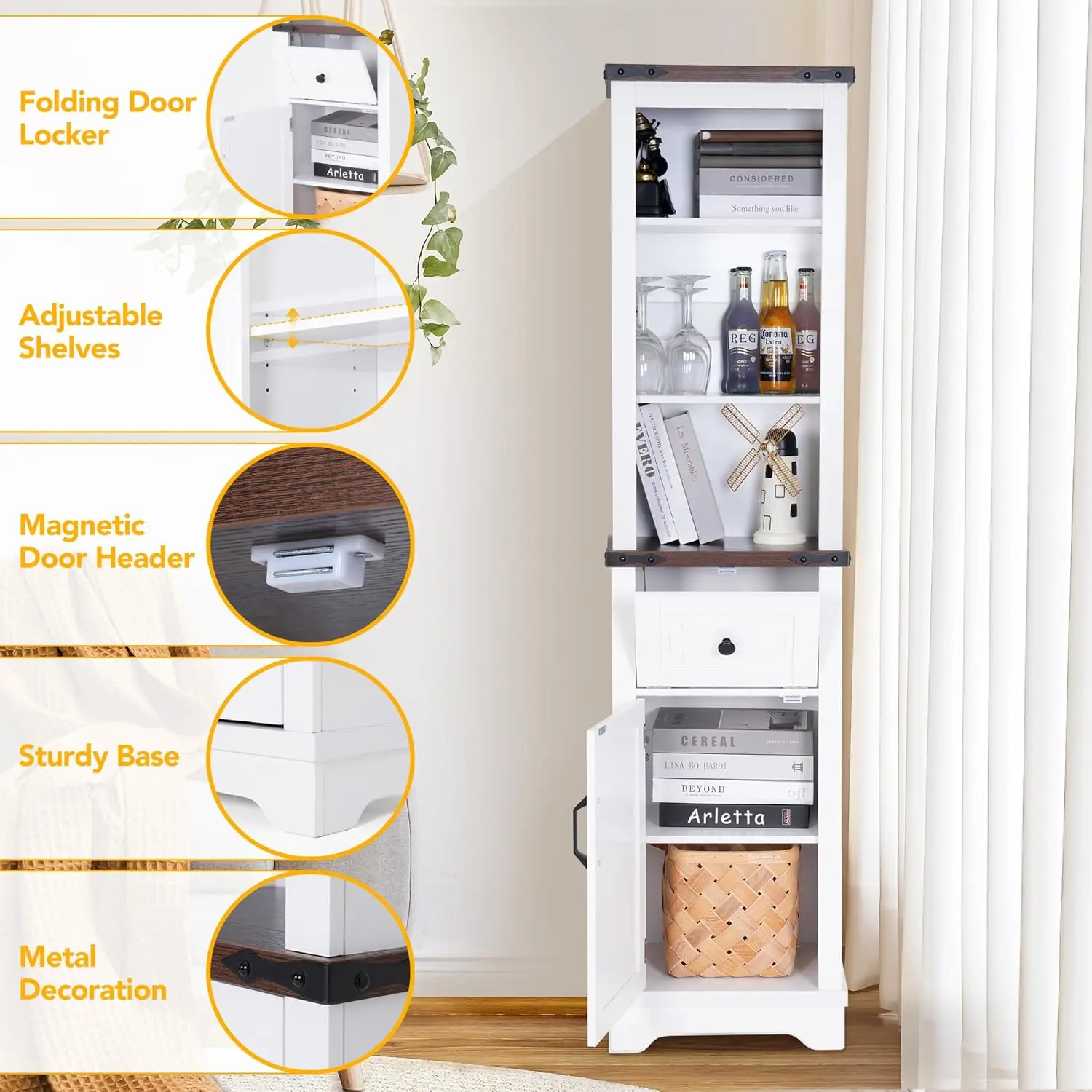 63 Inch Tall Bathroom Cabinet, Wood Storage Cabinets with 5 Shelves & Drawers, Space Saving Organizer, Slim Tall Cabinet