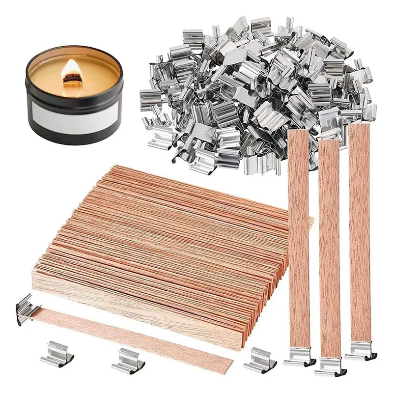 

200 Pack Wooden Candle Wicks For Candle Making, 6Inch Burst Wood Wicks/Smokeless Candle Wicks With Metal Base Clip