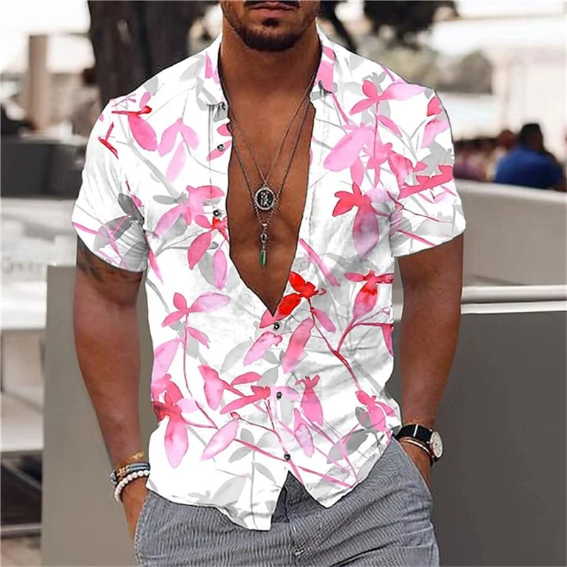 thumbnail image 1 of Camisa hawaiana con estampado de plantas coloridas para hombre, blusa holgada de manga corta con estampado 3D de hojas florales y solapa para vacaciones, camisas Aloha, 1 of 5
