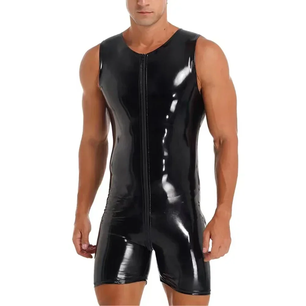 Male Bodysuit Costume Erotic Hombre Jumpsuit Male Erotic Lingerie Men Patent Leather Sexy Bodysuit Sleeveless