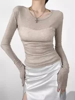 Women Crew Neck Fitted Long Sleeve Semi Sheer T-shirt - Image 2