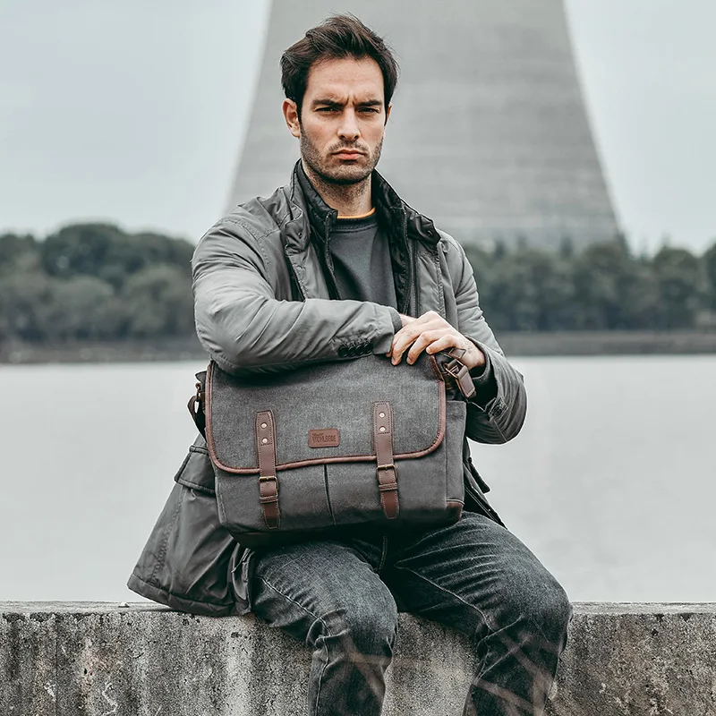 Mens Messenger Bag 14 Inch Vintage Canvas Briefcase Large Satchel Shoulder Bag Rugged Computer Laptop Bag