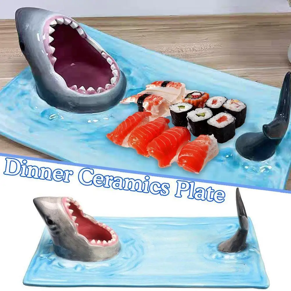 

Ceramic Sushi Plate Shark Shape Rectangle Dessert Cake Snack Cheese Board Japanese-Style Skewer Plates Dining Kitchen Decor