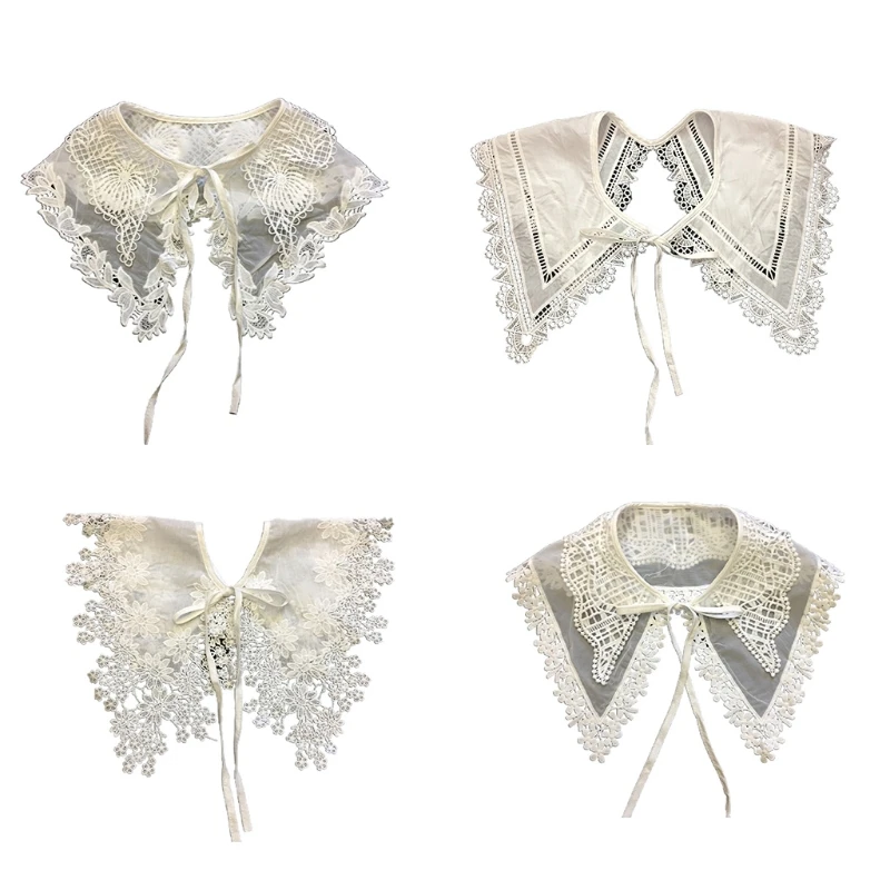 

Women Double Layer Sheer Lace False Collar Blouse Embroidery Floral Applique Shawl Scarf Necklace DIY Half Shirt Dickey