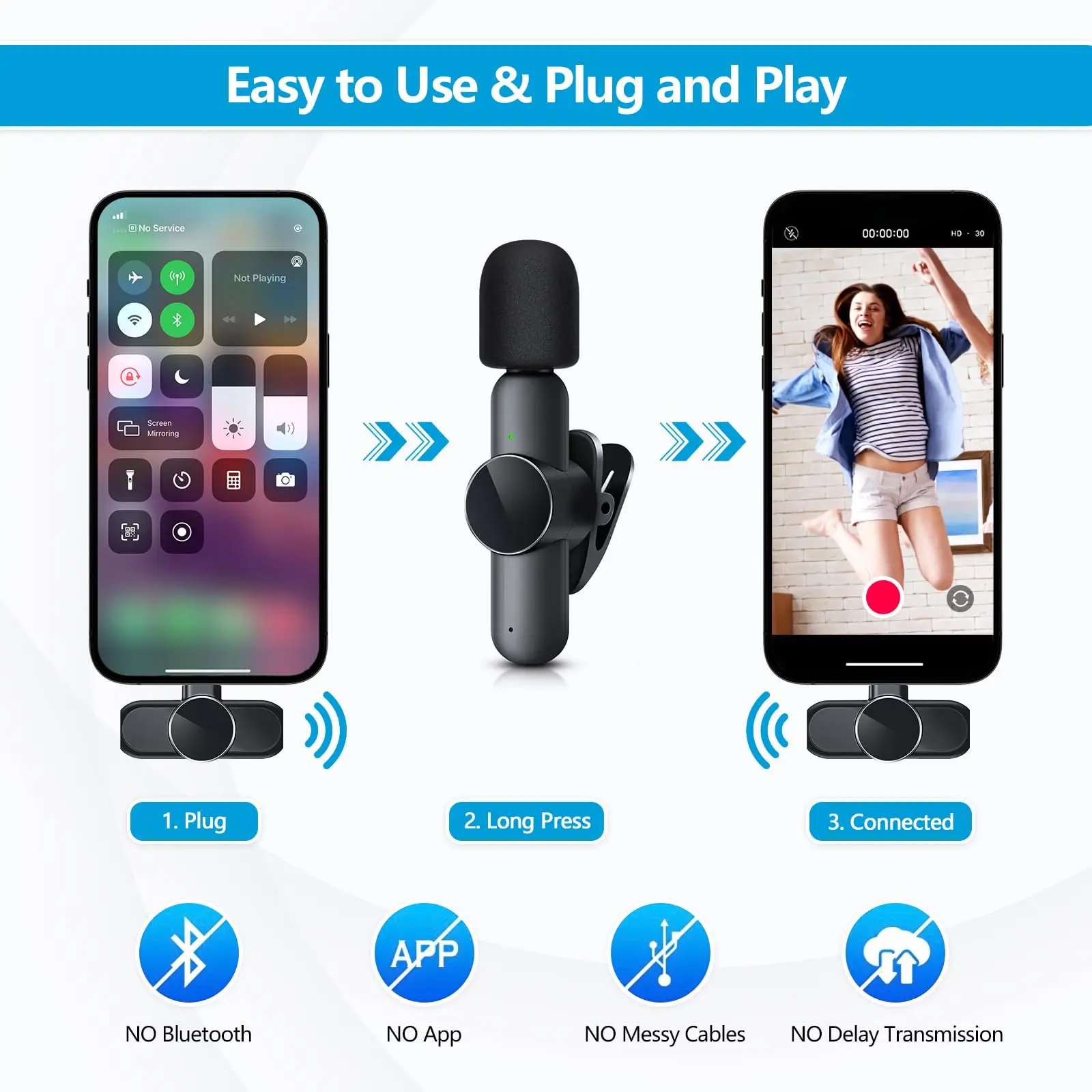 JOCEEY 아이폰 15, iOS 및 안드로이드 기기용 라발리에 무선 마이크 - 녹음용 소음 감소 라펠 마이크, 클립 마이크, 비디오 녹화용 옴니 라벨 마이크, 틱톡, 유튜브, 브이로그 Wireless Lav