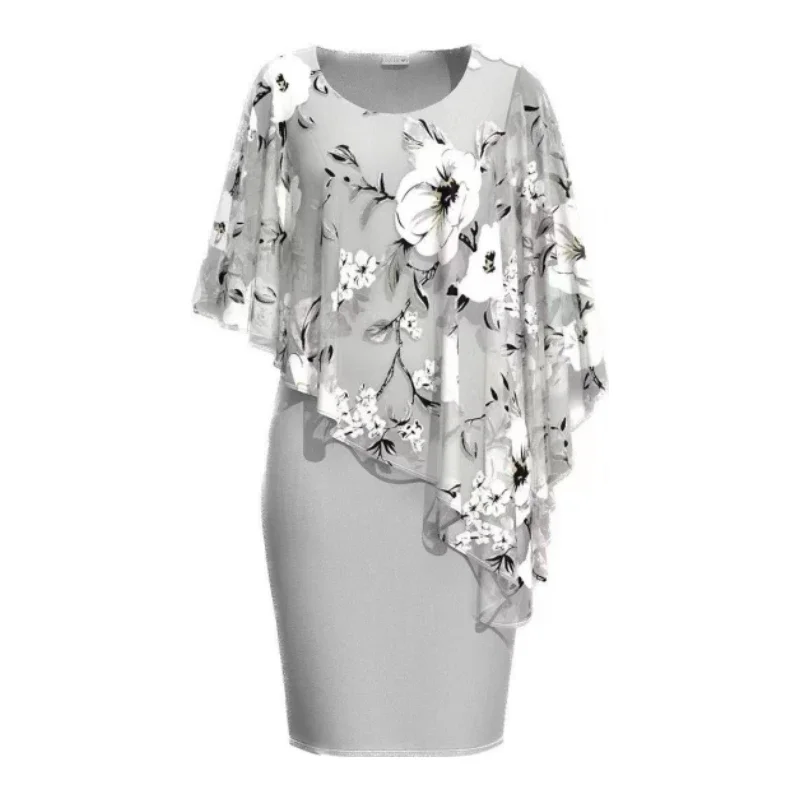 thumbnail image 1 of Vestido de gasa con flores de talla grande para mujer, vestido elegante de verano con cuello redondo, manga corta y corte entallado, 1 of 2
