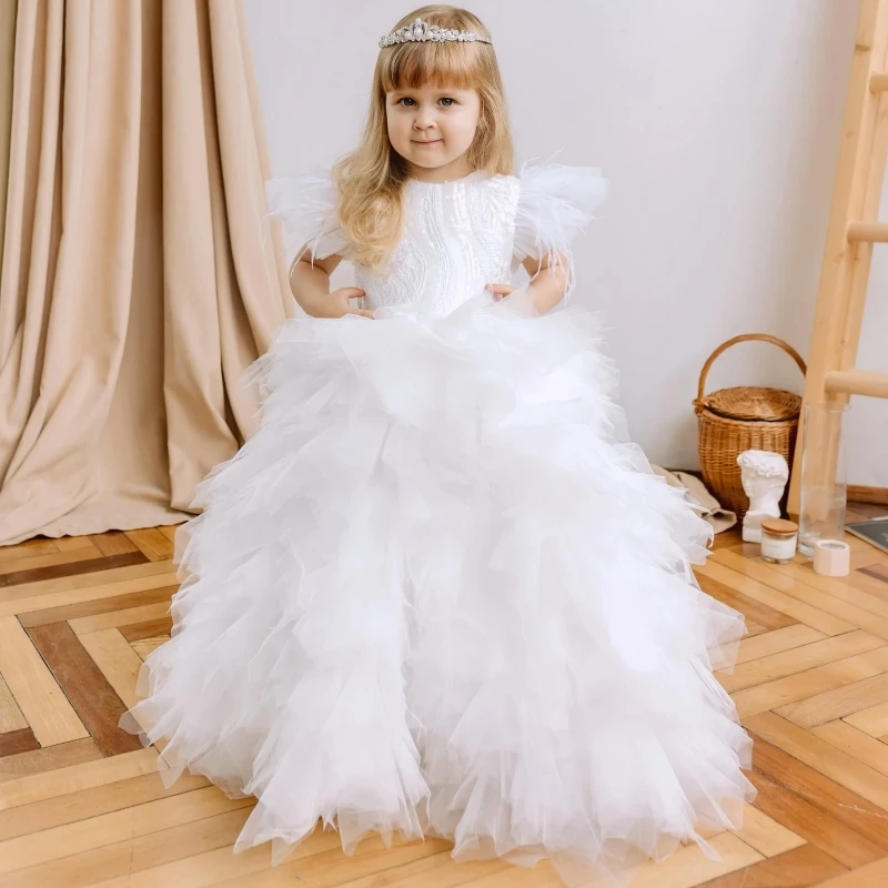 

White Flower Girl Dresses Tulle Tiered Appliques With Bow Short Sleeve For Wedding Birthday Party First Communion Gowns