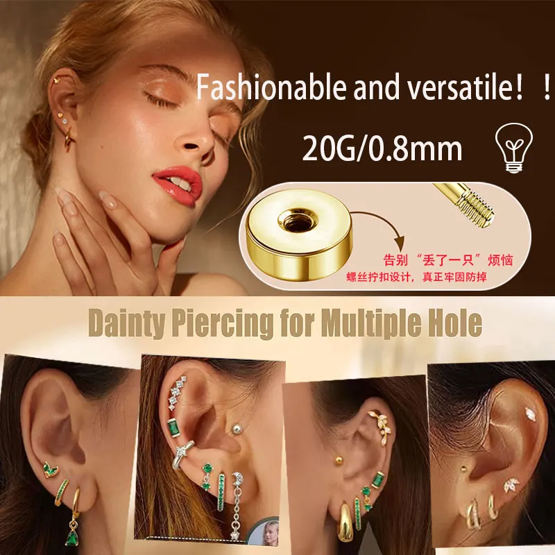 2Pcs 20G Stainless Steel Screw Flat Back Stud Earrings for Women Cartilage Piercing Jewelry Conch Helix Tragus Piercing Earrings