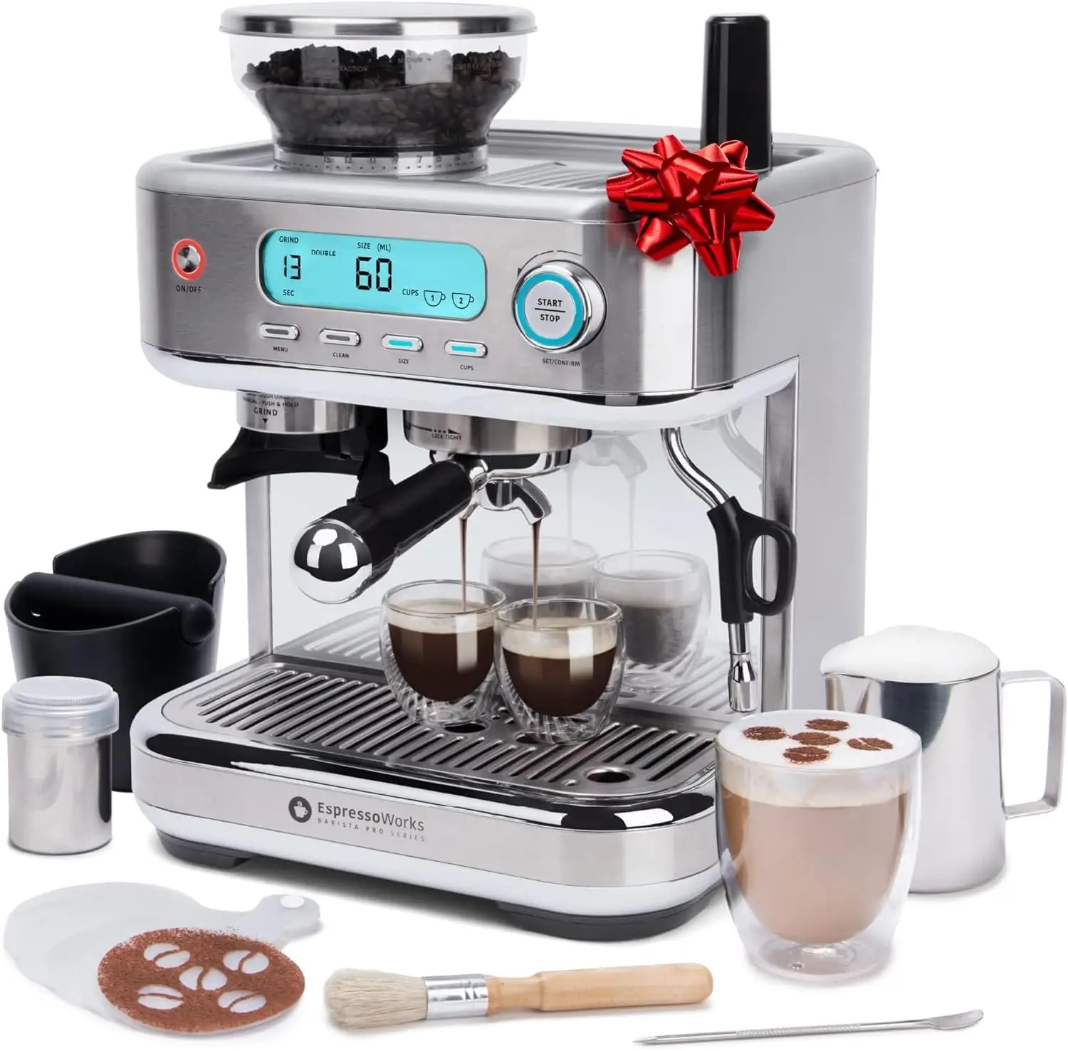 

EspressoWorks Barista Pro Series Espresso Machine with Grinder, LCD Display and Steamer - Ready To Go In 60 Sec - 15-Bar Latte