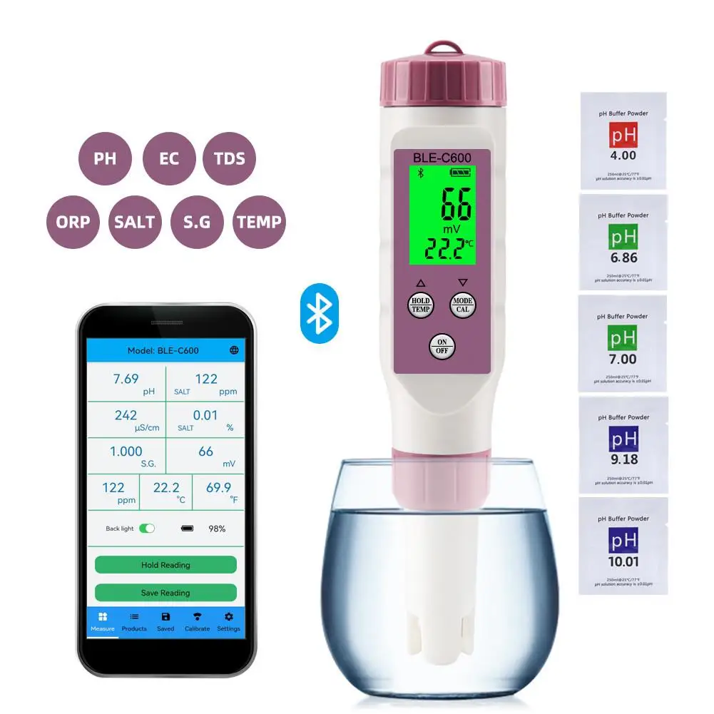 

7 in 1 Temp ORP EC TDS Salinity S.G PH Meter Online Blue Tooth Water Quality Tester APP Control for Drinking Laboratory Aquarium