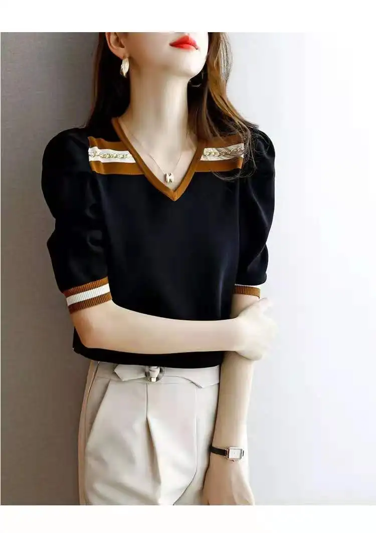 Tee Shirt Femme Summer Contrast Color Camisetas Thin T Shirt Women Top Short Sleeve Knitted Tshirts Korean Fashion Woman Clothes -S7e432ff64987411f9810843420cadace2