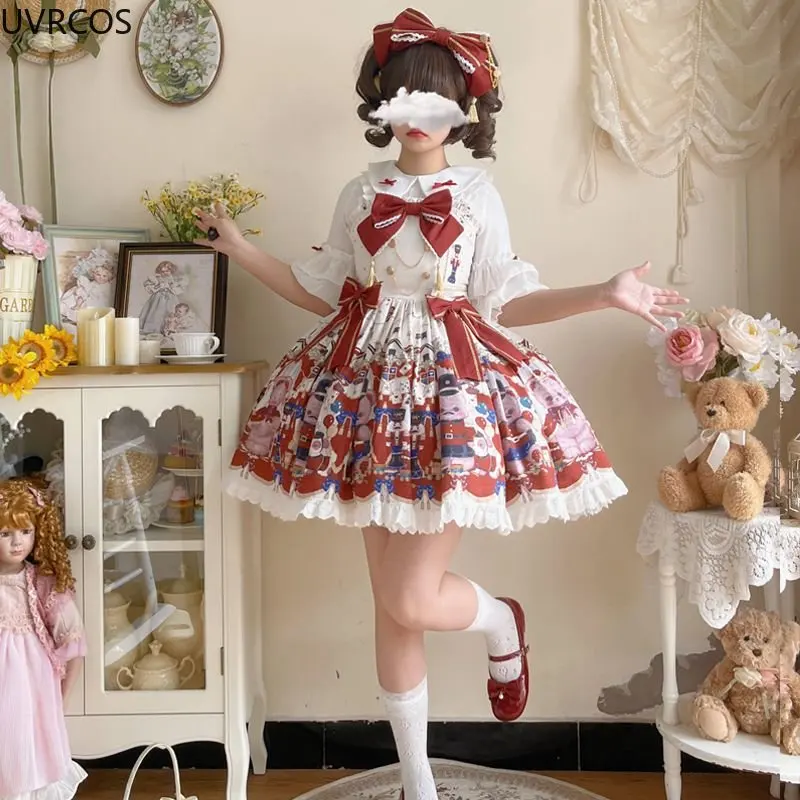 Kawaii Lolita Jsk Dress lolita dress lolita suspender dress lolita cosplay costumes suspender dress Women Sweet Lace Ruffles Cartoon Bear Print Party Mini Dresses