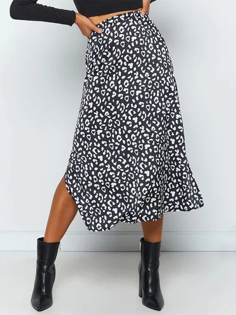 2022 New Sexy Leopard Print Chiffon Split Skirt Casual Fashion Long Skirts for Women Spring Summer Zip Elegant Female Skirt 4