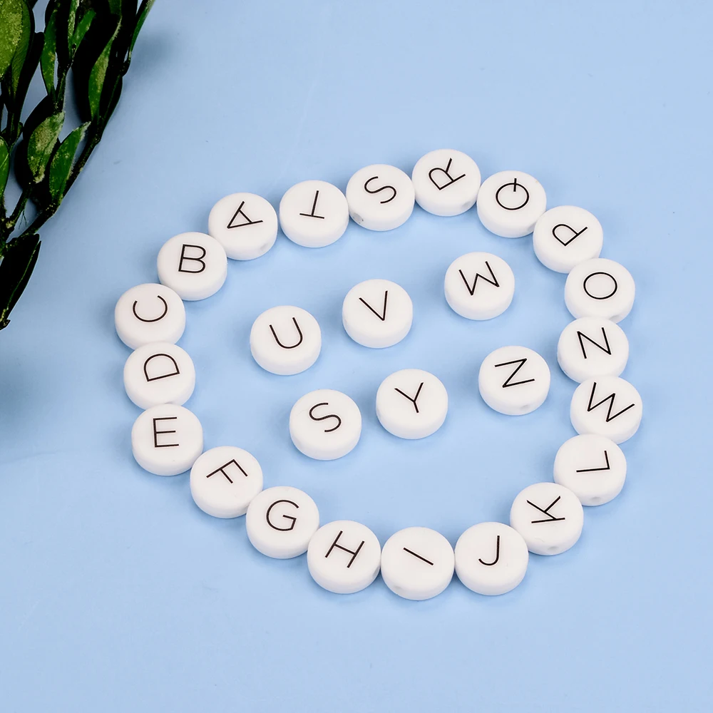 LOFCA 12 mm 100 Stück flache runde Silikonperlen in Lebensmittelqualität, Buchstaben-Beißringe, lose Kau-Alphabet für personalisierte Namens-DIY – Detail 7