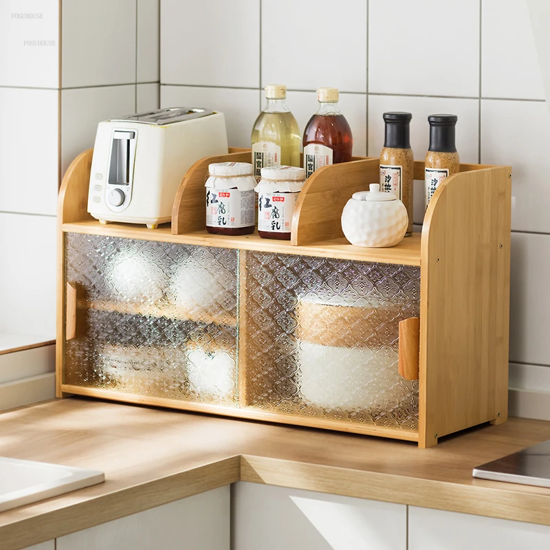 Modern Bamboo Sideboards Kitchen Storage Shelf Seasoning Dish Multi-layer Countertop Locker Simple Tableware Storage Box Shelf