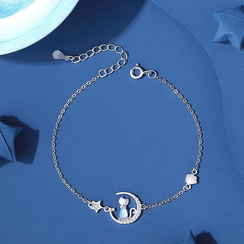 Women's European Sparkling S925 Sterling Silver Pave AAA CZ Cat Moon Jewelry Set - Necklace Earrings Bracelet for Birthday Gift 2