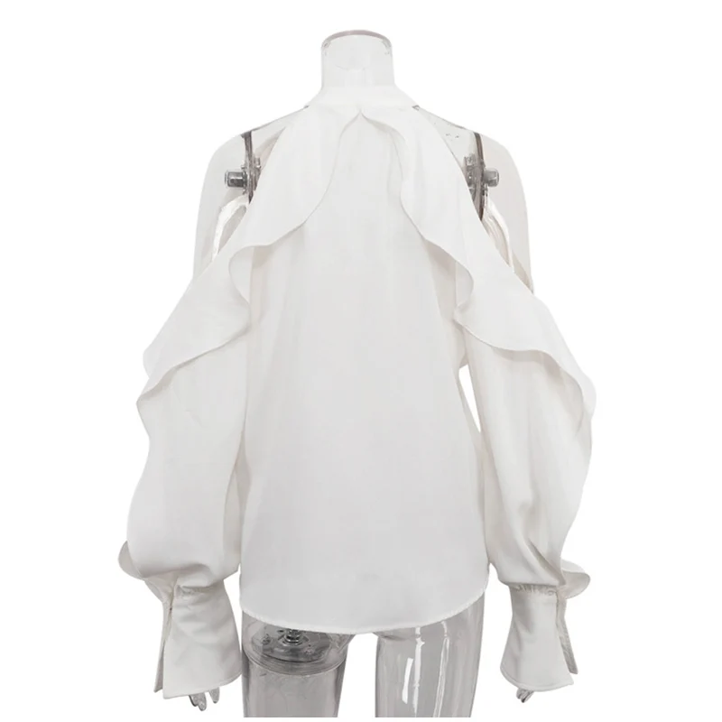 Elegant White Ruffle Halter Shirts Women Vintage Loose Hollow Out Single Breasted Blouses Female Autumn Chic High Street Tops