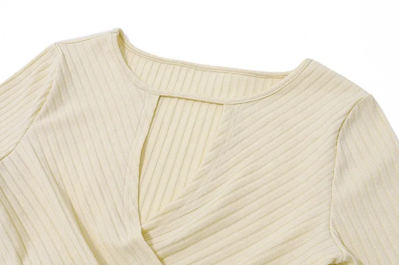 Knit Sweater Pullover Women V-Neck Ribbed Long Sleeve Patchwork Hollow Out Cropped Top Slim Elegant Solid Knitwear Top