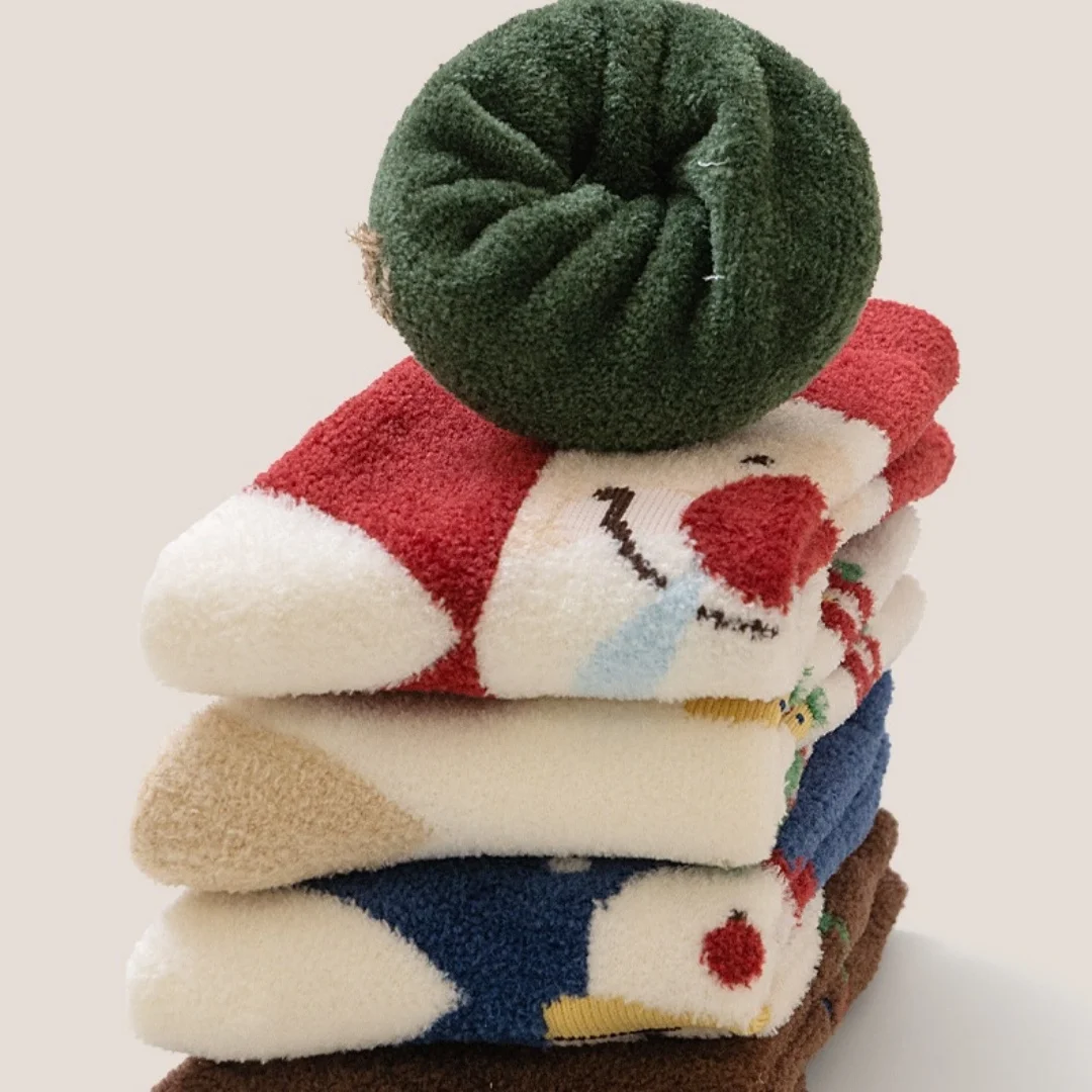 5 Pairs Baby Boys Girls Warm Socks Autumn Winter Fleece Soft Floor Sock with Santa Claus Snowman Decor 0-5Years