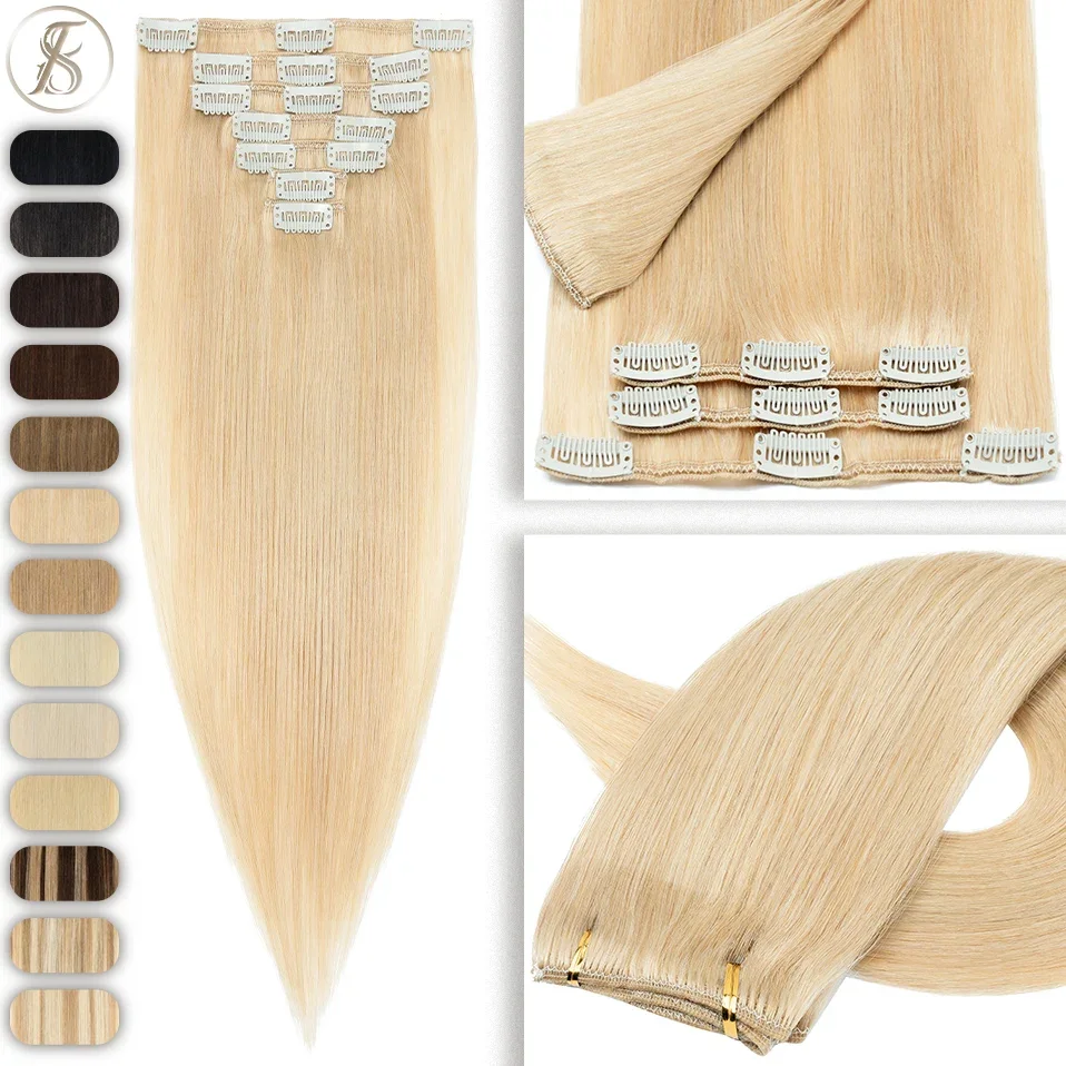 TESS 8Pcs/Set Human Hair Clip In Hair Extensions Natural Extension 14"-24" Full Head Blonde Human Hair Clip Ins Remy Hair Pieces