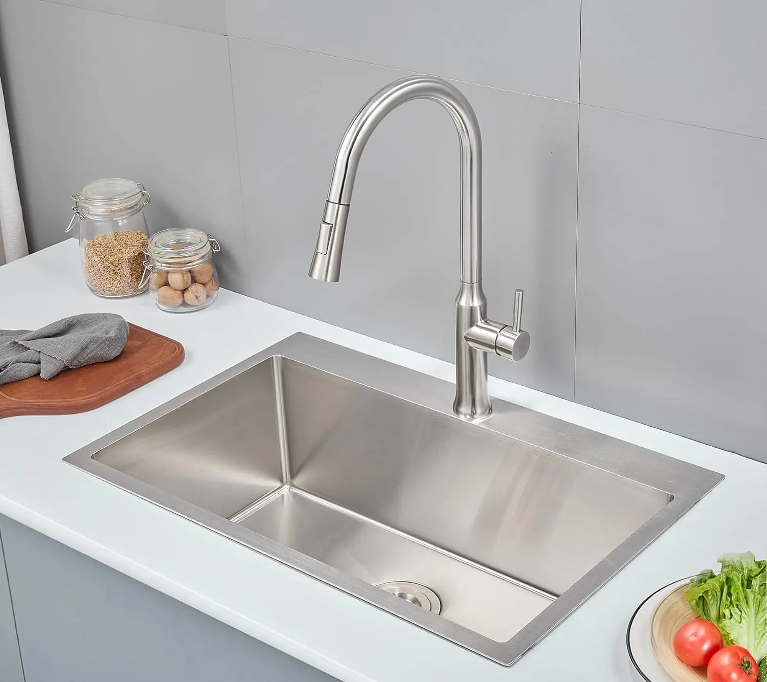 ROVATE 28&times;20 Inch Drop In SUS 304 Kitchen Sink Top mount Stainless Steel 9 Inch Deep Single Bowl Kitchen Sinks Brushed Nickel