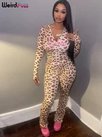 Weird Puss Leopard Contrast Letter Print 2 Piece Set Women Hooded Full Sleeve Crop Jacket+Skinny Stretch Flare Pants Trend Suits - Image 2