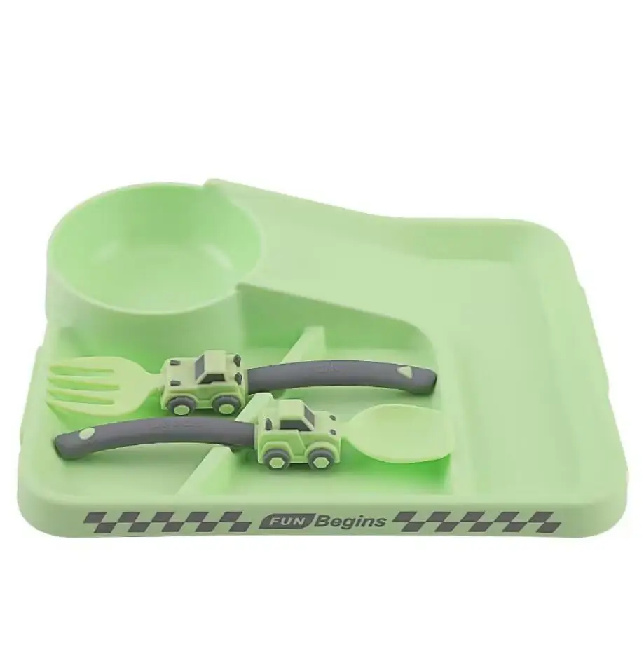 Children Cartoon Racing Dinner Plate Fork Spoon Set Baby Self-feeding Cutlery Set Food Supplement Divided Bowl Baby Non-slip stainless steel cutlery set silicone cutlery set fork spoon set baby cutlery