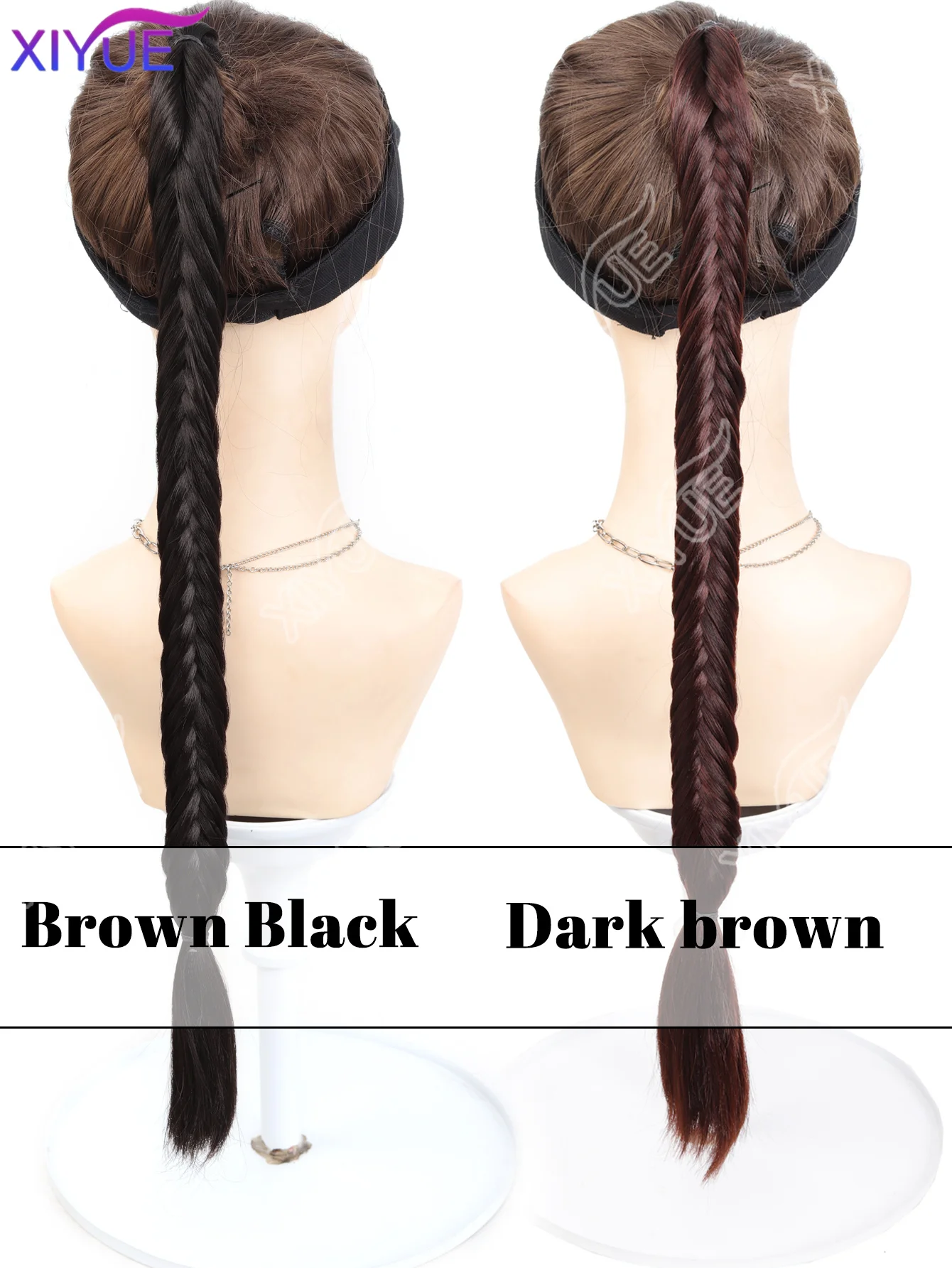 XIYUE 합성 고무 밴드 피쉬테일 브레이드 포니테일 24인치 길이의 땋은 머리 포니테일 헤어피스(헤어 익스텐션)