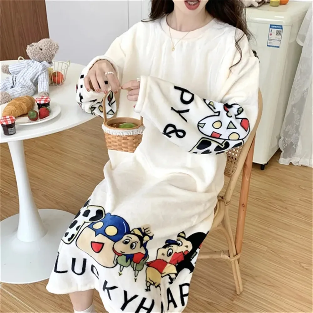 Formal Dressesy2KCoral Velvet Nightgown Printed Women'S Padded Flannel Cartoon Pajamas In Autumn And Winter Long Casual Warm H
