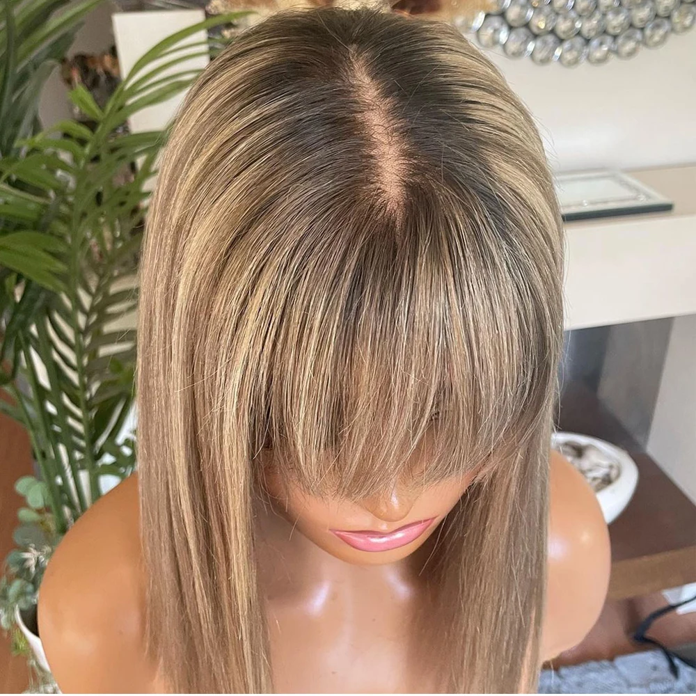 New Bob Wig Ash Blonde Highlight Synthetic Wig with Bangs for Women Short Straight Ash Roots Heat Resistant Cosplay Hair