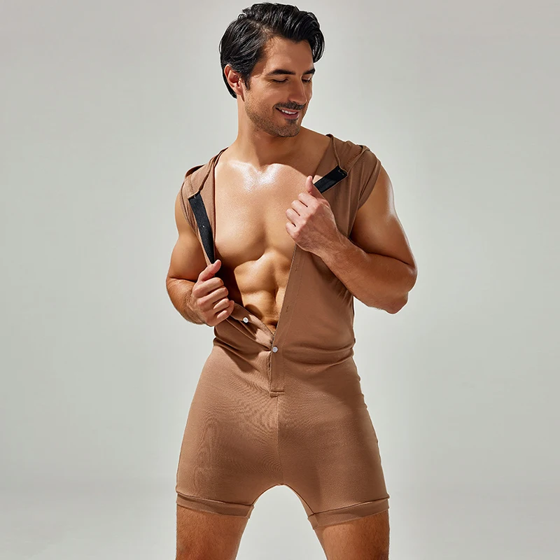 Mens Sexy Buttoned Hooded Jumpsuits Summer Breathable Casual Slim Fit Overalls Fashion Solid Color Sleeveless Bodysuits
