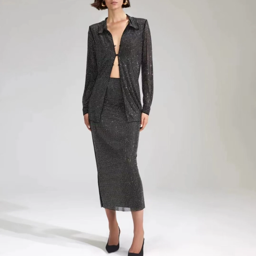 

2023 New Collection High Quality Designer Black Green Slim Diamonds Long Blouse Skirt Sexy Two Piece Set for Fashion Women