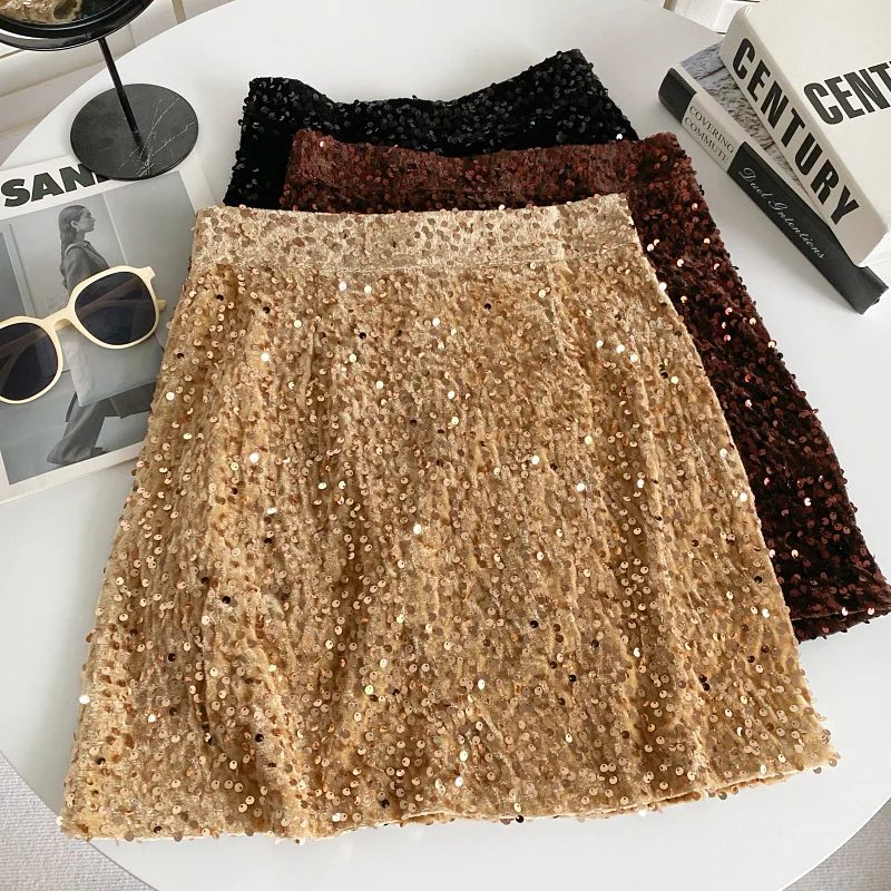 

Fashion Retro Sexy Heavy Industry Glitter Sequins Skirts for Women High Waist Slim A- Line Hip Skirt Korean Short Skirts Women