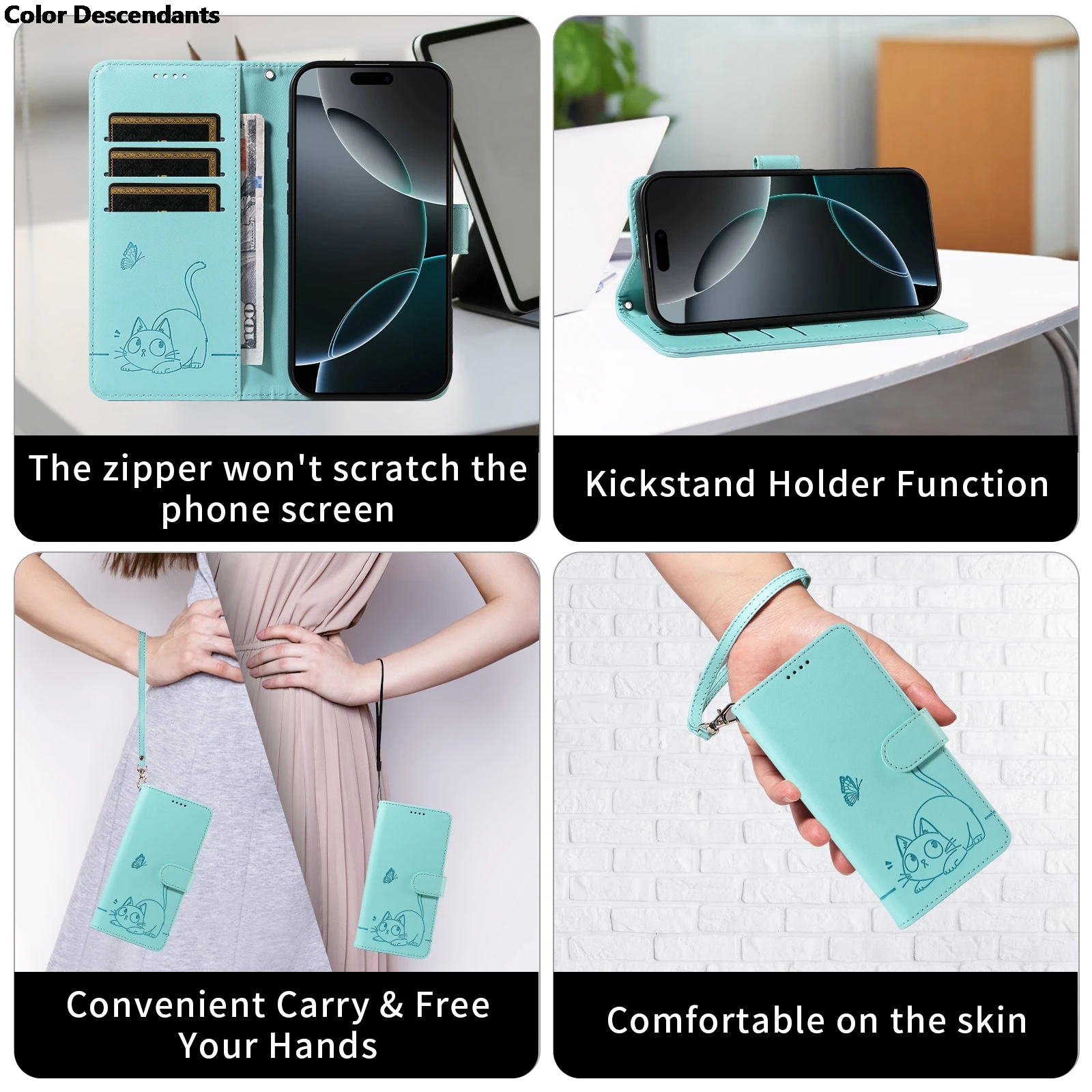 Magnetic Wallet Flip Leather Case with Cat and Butterfly Embossed Design