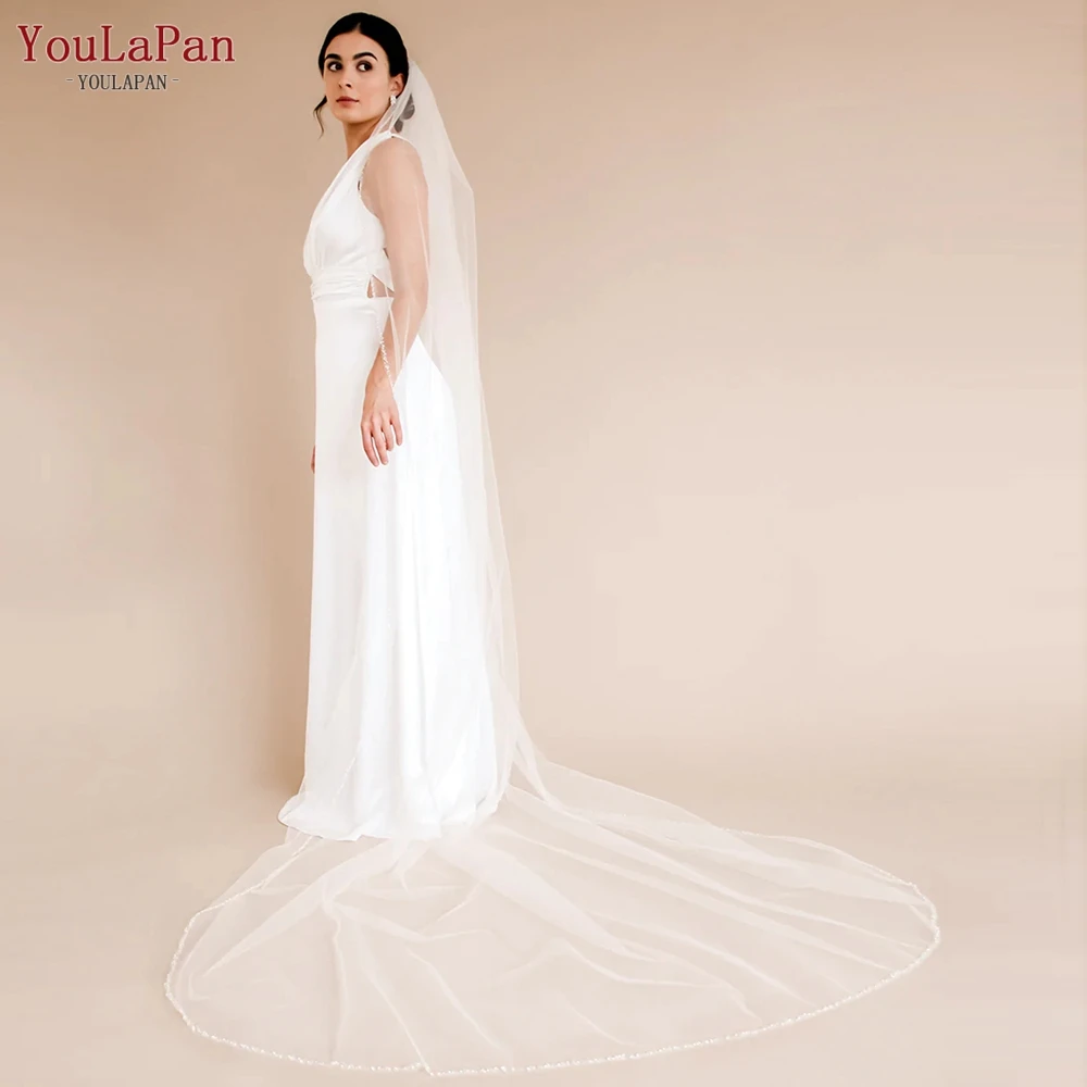 Bridal Veil TOPQUEEN V175 Crystal Edge Wedding Veils for Bride with Rhinestones Cathedral 1 Tier Wedding Hair Accessories