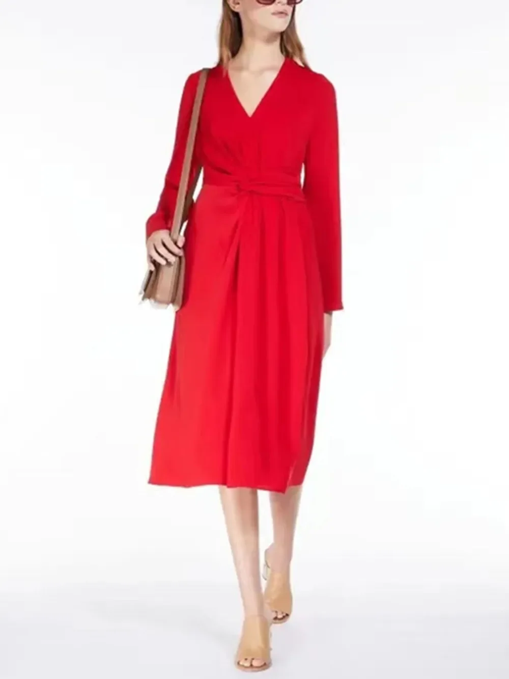 

Mid-Length Dress for Women 2023 New V-Neck Waist Tie Design High Waist Temperament Slim Vintage Long Sleeve Robe