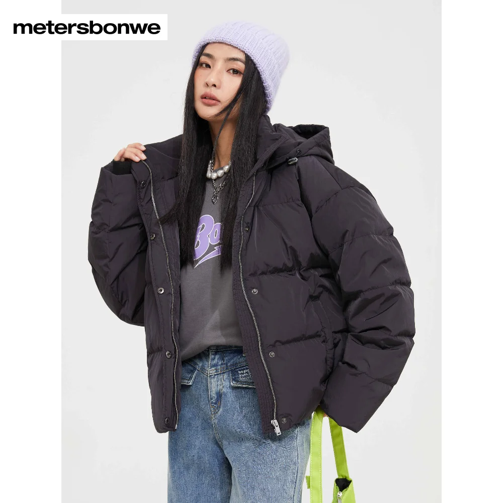Metersbonwe Women's 22New Winter Solid Color Hooded Down Jacket 80%Eiderdown Thick Short Warm Wear Casual Loose Trend Outwear