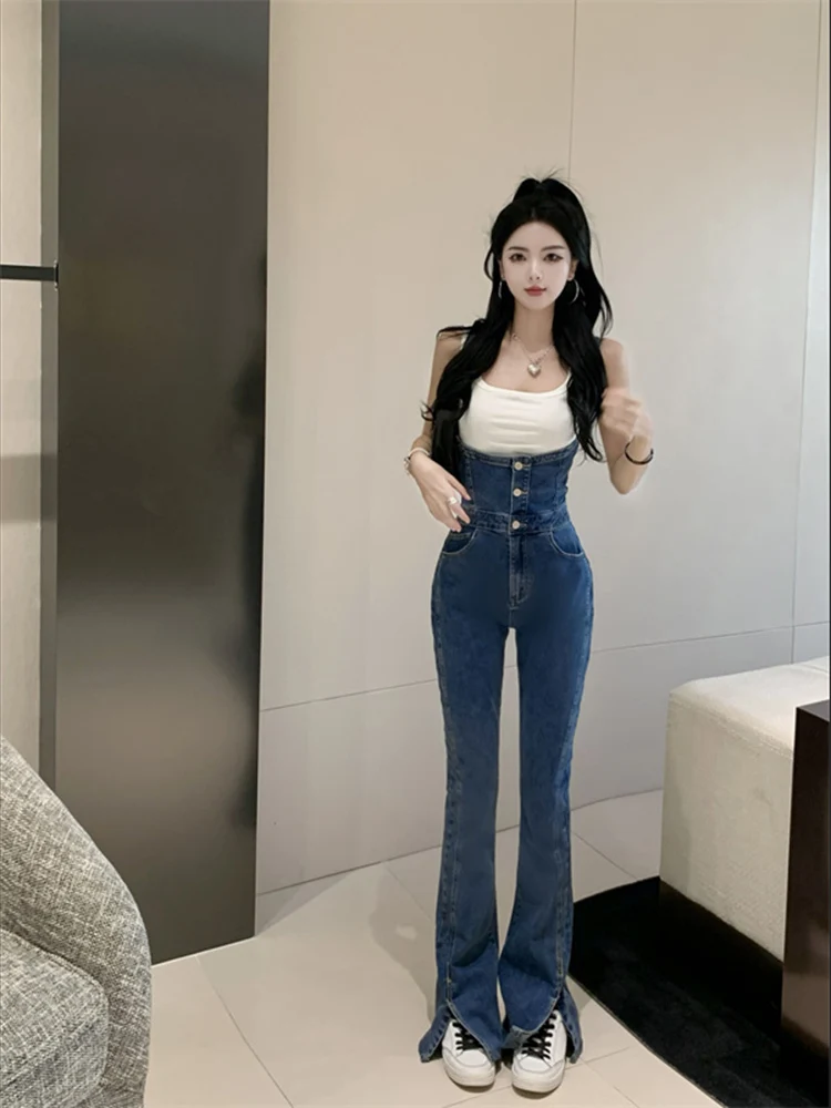 Slim Wide-Leg Flare Jeans Spaghetti Straps Single-breasted Denim Jumpsuit Fashionable High Street Autumn Women\'s Trousers