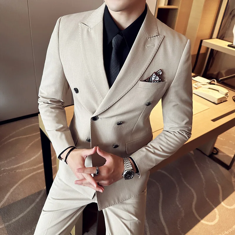 

Brand Clothing 3 Pieces Gentleman Double Breasted Peak Lapel Blazer Men Suits with Pants Formal Jacket for Wedding Groom Set