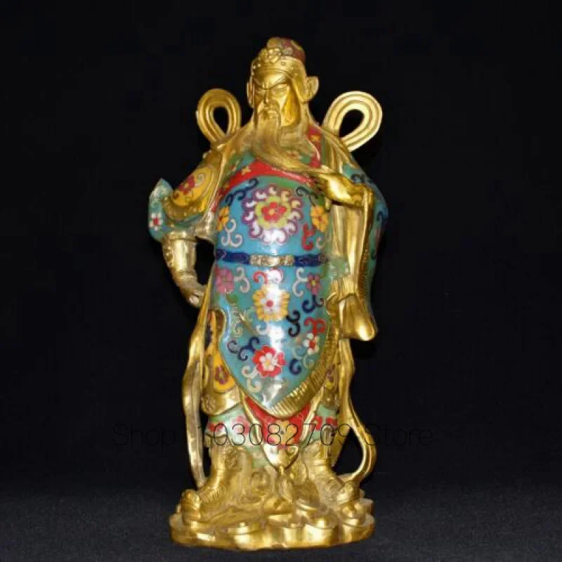 

13 Inch Exquisite Copper Cloisonne Enamel Warrior God Guan Gong Yu Sword Gold-Plated Statue